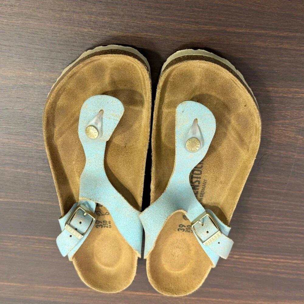 Birkenstock Gizeh Womens 39 US 8 Light Blue Metallic Crackle Leather Sandals - Picture 5 of 7